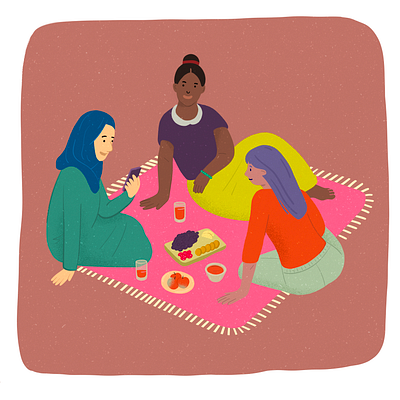 character design.1 bold character design colorful editorial food friends graphic design illustration picnic women