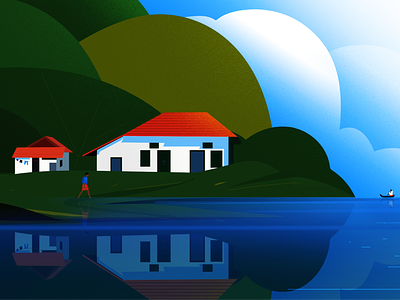 Backwater backwater boat house illu illustration illustrations kerala landscape life light nature reflecting tree vector water