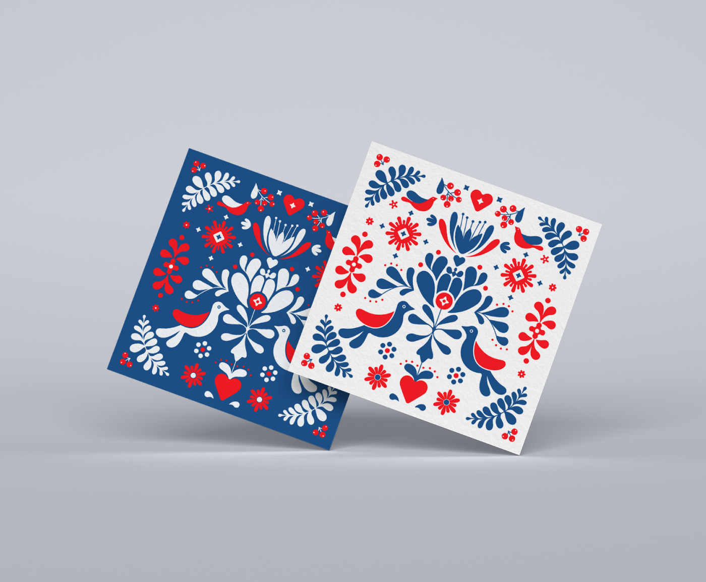 Folk Pattern Invitations bird blue branding color design drawing flower folk graphic design graphic illustration illustration invitation nordic ornament pagan pattern postcard print red vector