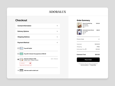 Adoralux - Checkout Page cart check out checkout checkout form checkout page credit card e commerce ecommerce form online shop online store order order details payment purchase shopping shopping cart web design