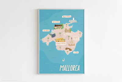 Hand drawn illustrated map of Mallorca branding cartoon design flat graphic design hand drawn icon illustrated map illustration landmark mallorca map spain typography vector