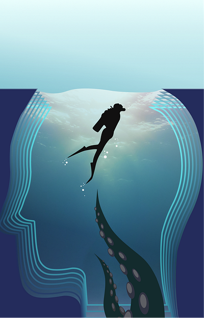 the bottom of frustration, collage 2d collage diver graphic design illustration sea