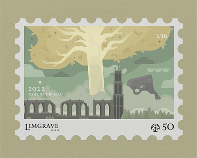 Limegrave Elden Ring Stamp elden elden ring fan art game gaming illustration limgrave postcard stamp stamp design tower tree vector