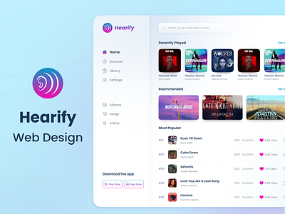 Hearify - Web App UI Design application case study concept creative daily ui daily ui design design figma music music app ui ui design ui ux design uiux ux ux design web app web design
