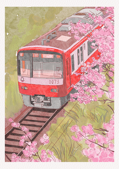 A train to spring cherryblossm illustration illustration watercolor procreat sakurapainting spring watercolor illustration watercolorpainting
