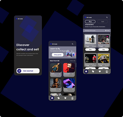 Dark UI- App for trading collectibles app collectibles communication tool darkui design figma hifi tradeapp ui userinterface uxui