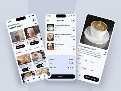 Coffee App app appdesign black and white design black button branding coffee coffee app coffee app design decent color design design minimal minimal app design mobile app design ui ui design uidesign uiux uiux design visual design webdesign