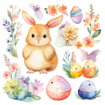 Bunny duckling butterfly easter Colorfull watercolor watercolor drawing