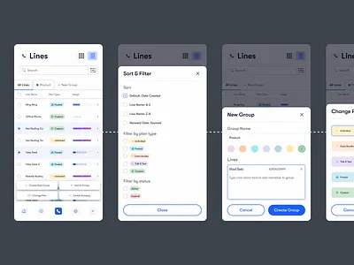 Mobile App - Lines page app filter lines list view new group popup sort sort and filter