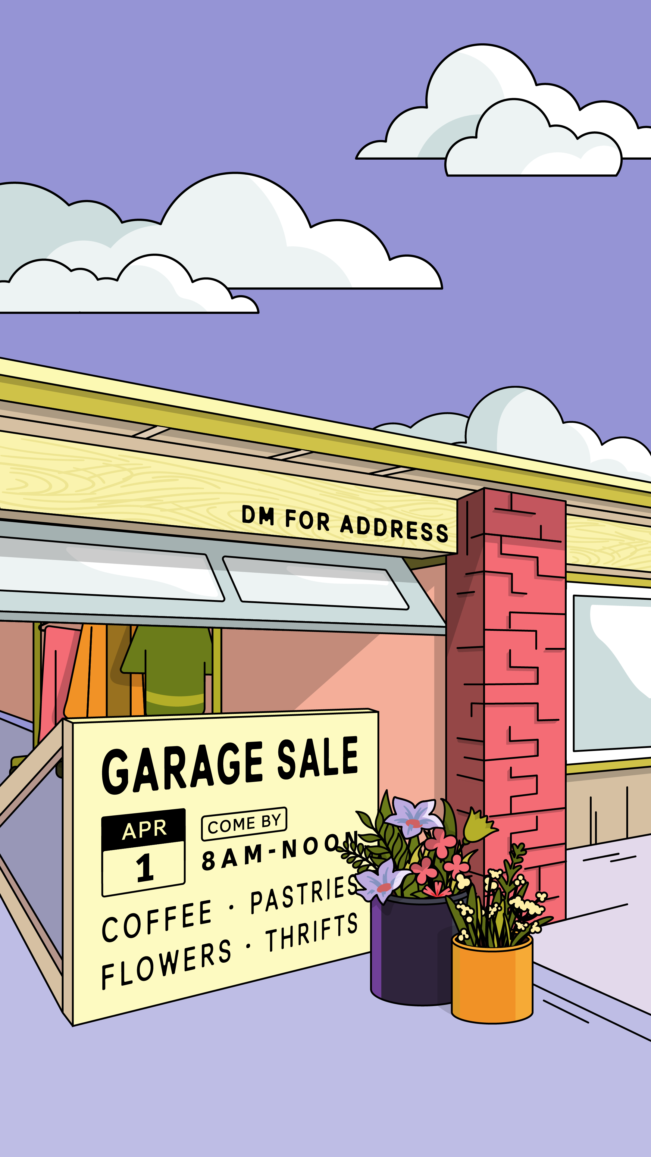 Garage sale illustration exploration branding cartoon colorful digital art doodle drawing fun house illustration line art paint pop up poster thrifting vector