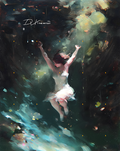 Falling or flying? ai artist community concept contemporary art digital art dress falling fashion flying girl graphic design hair illustration nature nft photoshop print procreate water woman