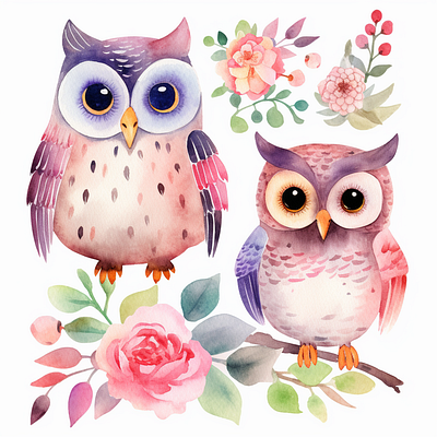 Cute Owl Couple Flowers clip art watercolor animals