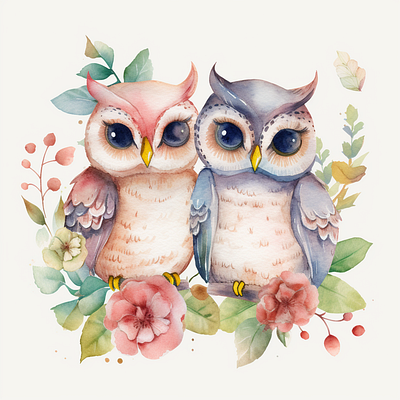 Cute Owl Couple Flowers clip art watercolor animals