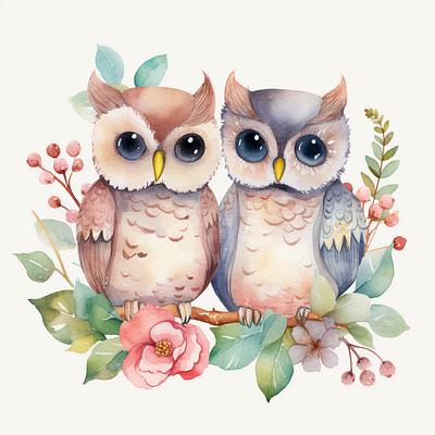 Cute Owl Couple Flowers clip art watercolor animals