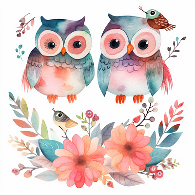 Cute Owl Couple Flowers clip art watercolor animals