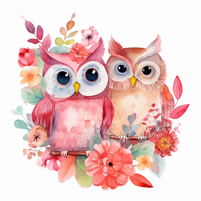 Cute Owl Couple Flowers clip art watercolor animals