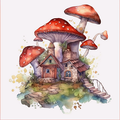 mushroom house Colorful clip art watercolor fairy tale