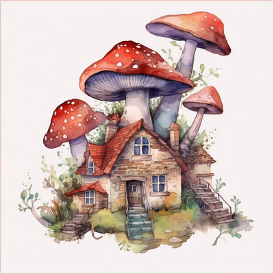 mushroom house Colorful clip art watercolor fairy tale