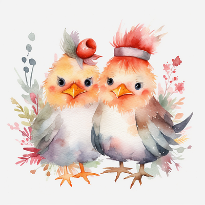 Cute Chicken Couple clip art watercolor painting