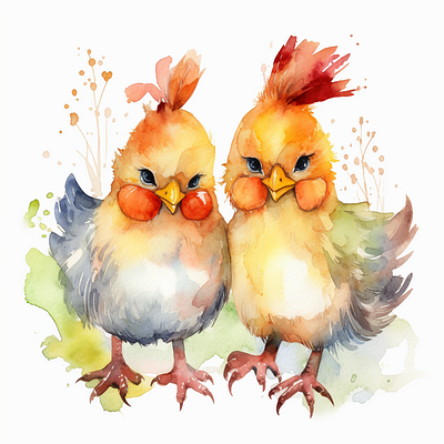 Cute Chicken Couple clip art watercolor painting