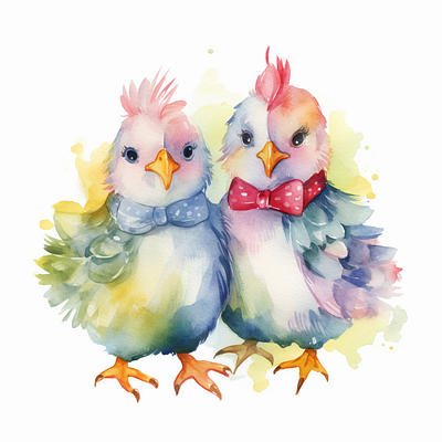 Cute Chicken Couple clip art watercolor painting