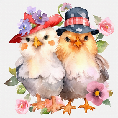 Cute Chicken Couple clip art watercolor painting