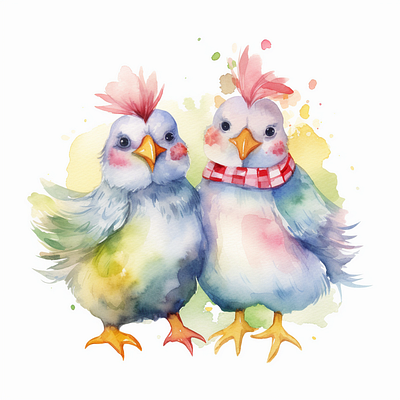 Cute Chicken Couple clip art watercolor painting