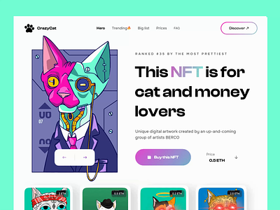 NFT sale platform animation blockchain cartoon cat eth ethreum generative landing page midjourney nft nft art opensea ui ux web web design webdesign website