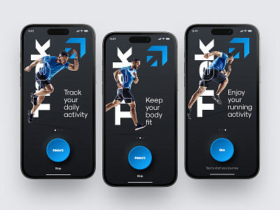 Trek - Running App [Onboarding] activity cardio dark mode exercise fitness jogging lifestyle marathon mobile mobile app mobile design modern onboarding run runners running running app sport tracker tracker app