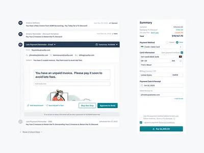 Invoice Payment Sequence accounting automation billing collection email email drip email sequence invoice message sequence pay payment payment method payment summary preview product design sequence sequencing sidebar ui ux