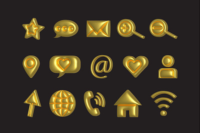 3D Golden Round Bevel Icon Set 3d design 3d icon set 3d icons design golden 3d icons golden icon set golden icons graphic design heart icon icon set icons illustration location icon message icon person icon visit card icons website icons wi fi icon zoom icon