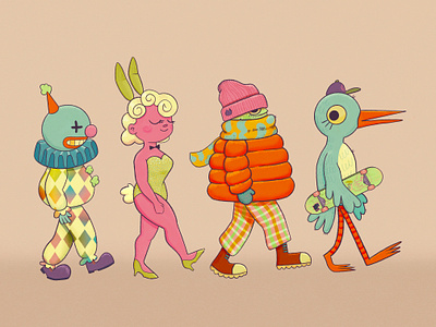 the gang’s all here bird character illustration clown illustration procreate
