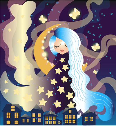 night dreams butterfly girl graphic design illustration moon night sky stars vector