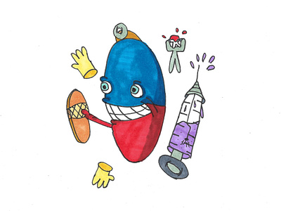 A little help band aid bloody tooth cartoon character doctor drawing face gloves hand drawn hospital illustration latex gloves markers needle ouch pill pliers smile syringe tooth