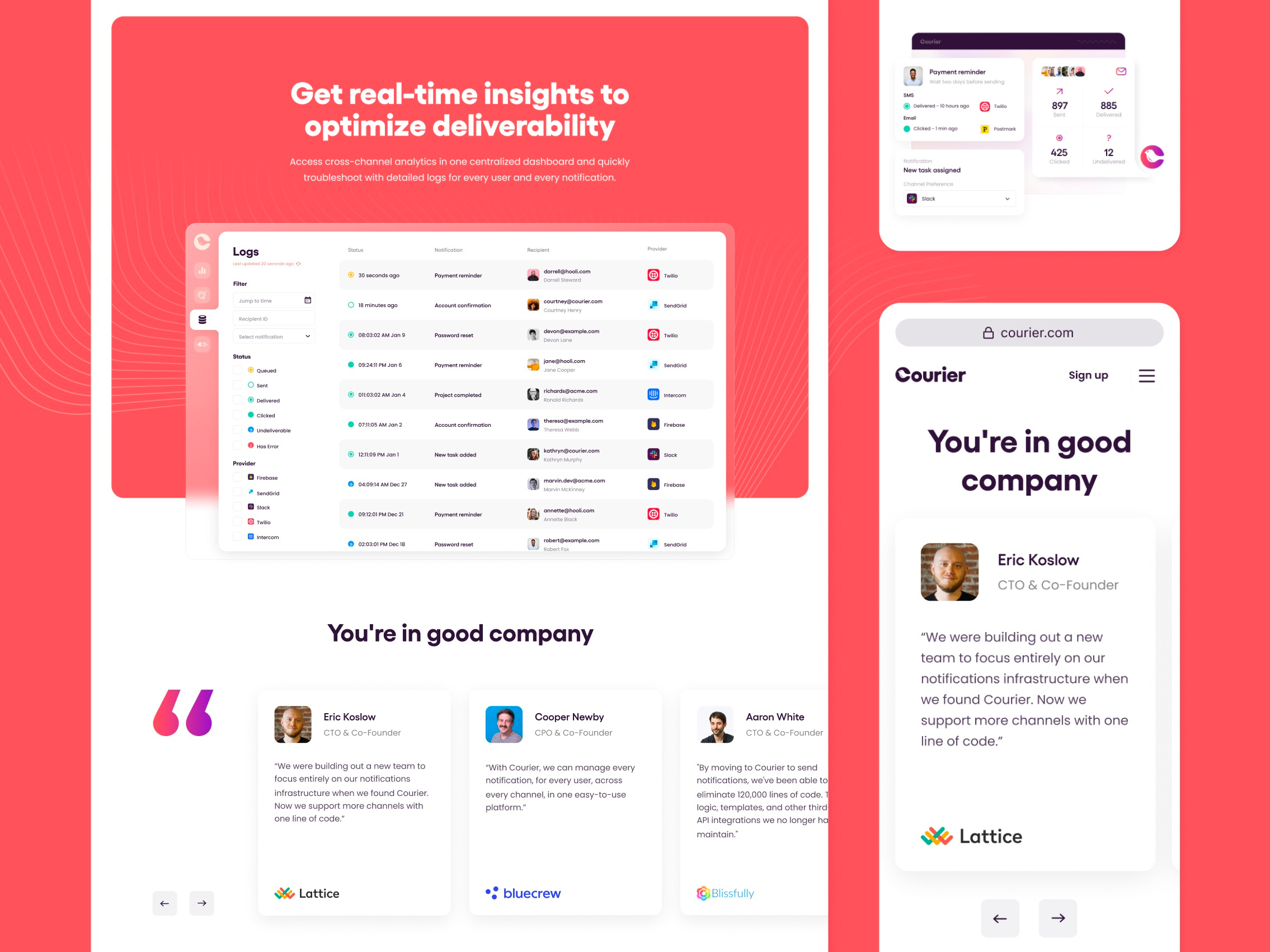 Courier - Dashboard chat dashboard email in app notification push sms website website design