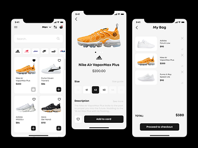 Sneakers Shop App adidas app brands cart case study checkout interface design mobile design mobile ui nike product cart prototype retail shoes shop shopping sneakers ui user interface ux