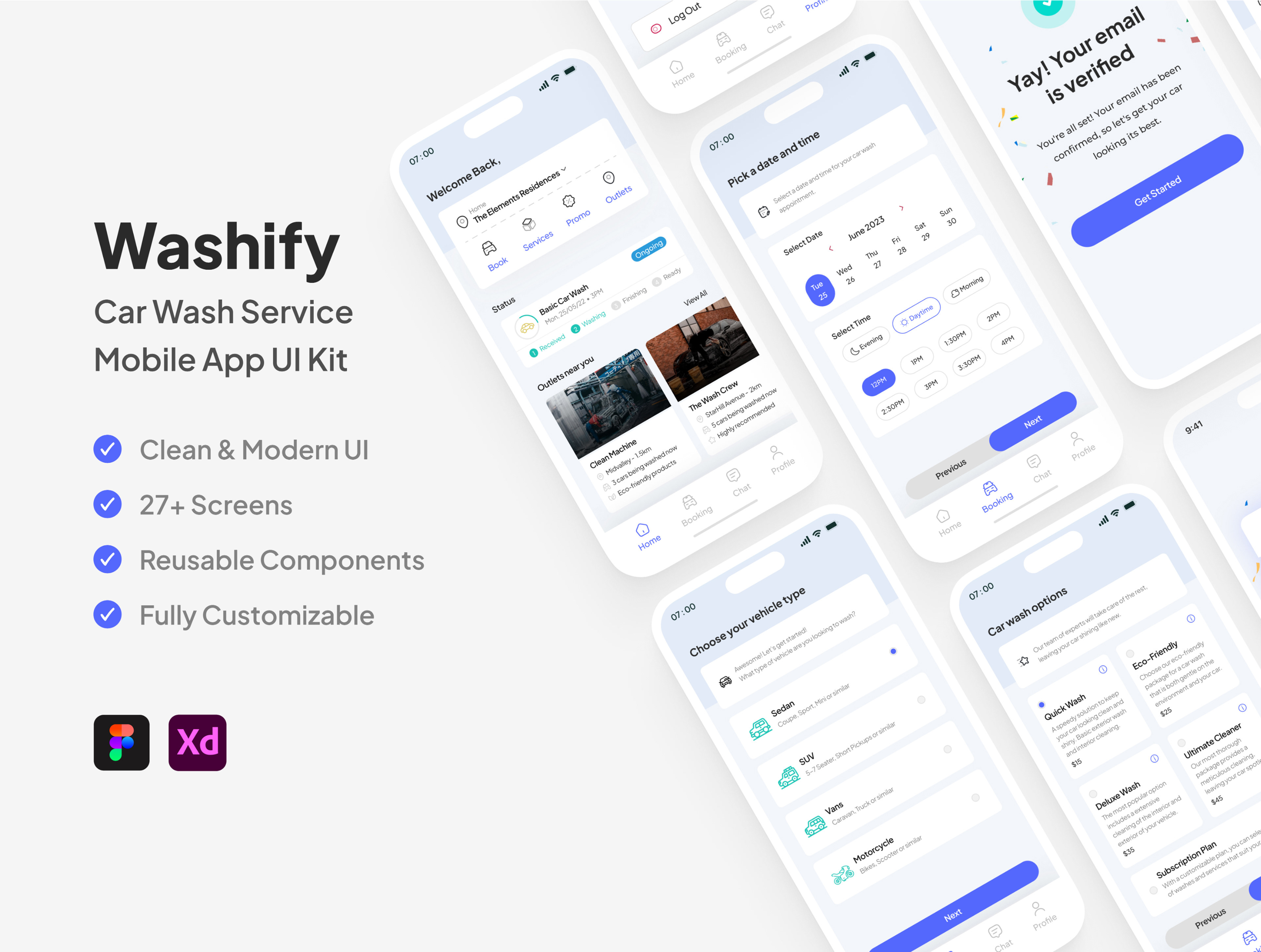 Washify - Car Wash Service App blue mobile app blue ui kit car wash car wash service clean ui freebie light app light ui kit mobile app service app service design ui kit wash