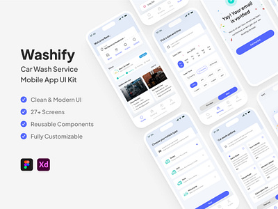 Washify - Car Wash Service App blue mobile app blue ui kit car wash car wash service clean ui freebie light app light ui kit mobile app service app service design ui kit wash