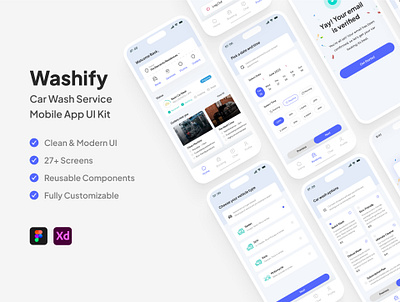 Washify - Car Wash Service App blue mobile app blue ui kit car wash car wash service clean ui freebie light app light ui kit mobile app service app service design ui kit wash