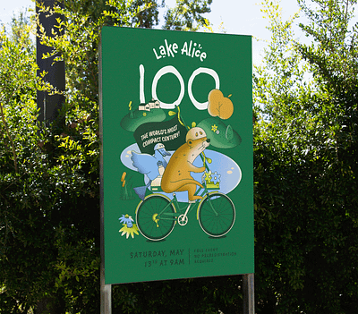 Lake Alice 100 Bike Race Event Poster branding character design colorful cycling design duck event graphics green illustration joyful lifestyle illustration line art logo nature illustration otter outdoor illustration poster design vector