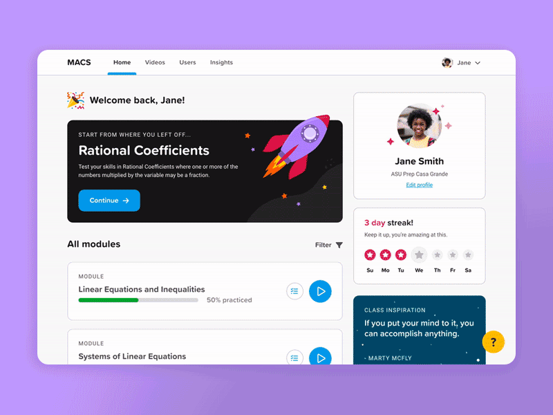 MACS Learner Dashboard II asu online dashboard duolingo ed tech eduation graphic design headspace illustration kahoot khan learning math mathspace module portal stem tutor ui ux