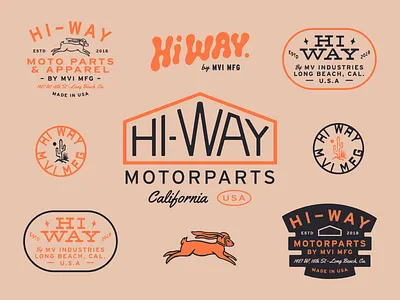 HI-WAY MOTORCYCLE PARTS & APPAREL apparel brand badges brand identity branding cactus california clothing brand desert girl beauty graphic design hares harley davidson illustration jack rabbit logo design