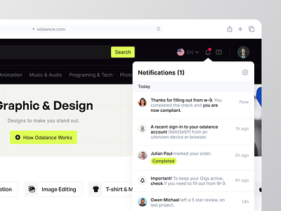 Notification - Freelance Services Marketplace alerts creative dashboard freelance hire hiring inspiration job finder job portal marketplace message notification notify panel popover product design saas services ui ux