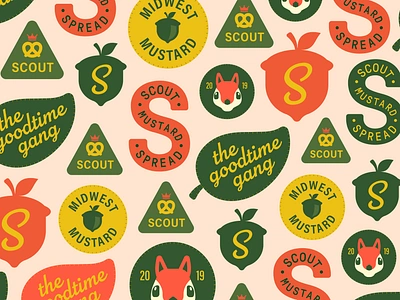 Scout Mustard: Merit Badges badge badge design boy scouts branding condiments design girl scouts graphic design illustration mustard outdoors retro squirrel type typography vector