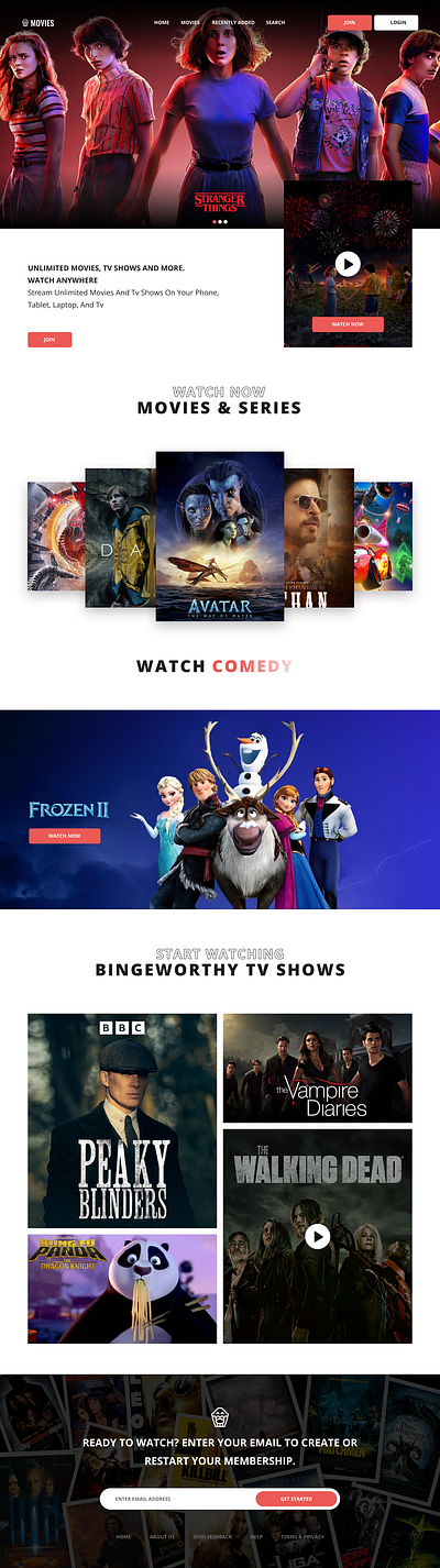 Movies website landing page. animation graphic design ui