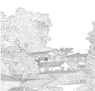 Work from home window view auckland black and white boredom houses illustration line art line drawing lockdown manga memory nature neighbourhood new zealand scene simple streetscape view window