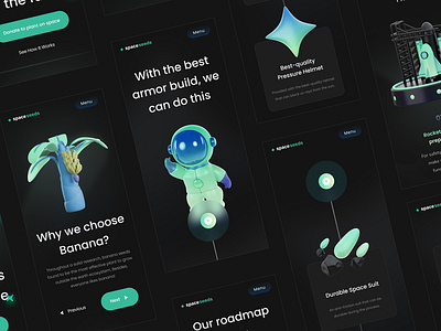 Spaceseeds Landing Page - Mobile Version 3d app branding clean concept dark style design green illustration ios landing page nature rocket space ui website