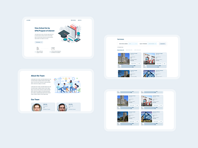 UI for Luxmi - Find your eligibility in different universities. blue credits design education educational experience filters find high school illustration interface landing page luxmi professional school search sorting university user website