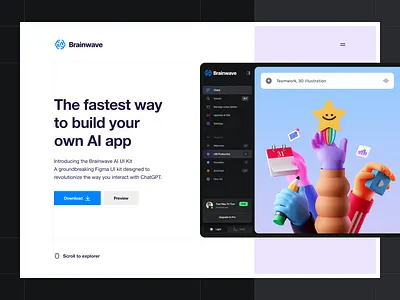 Brainwave - Hero Header 3d 3d illustration ai ui kit clean clean landing page clean website figma download figma ui kit hero header landing page minimal navigation sidebar typography ui ui design user interface ux ux design web design