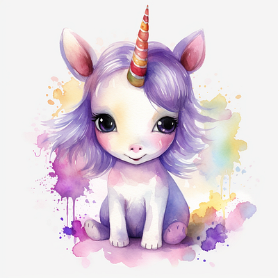 Cute Purple Baby Unicorn kids watercolor horse cartoon